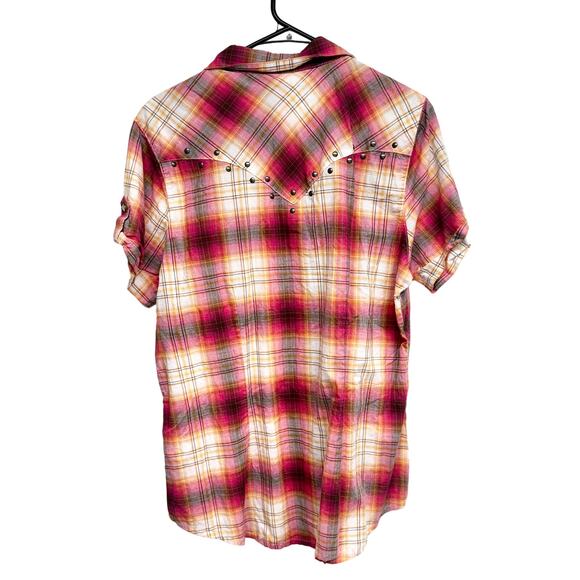 Wrangler Women's Pink & Orange Plain Pearl Snap Button Up Short Sleeve Size L - Picture 3 of 3